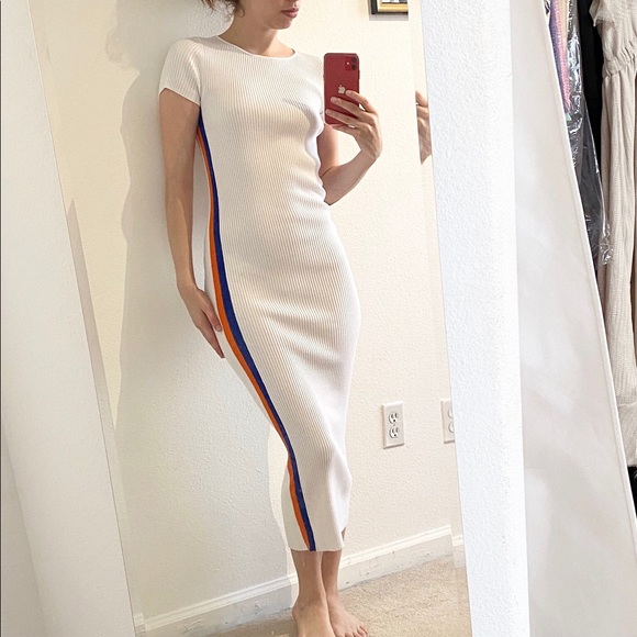 Zara Dresses & Skirts - NEW Zara White Knit Side Stripes Midi Dress SZ S